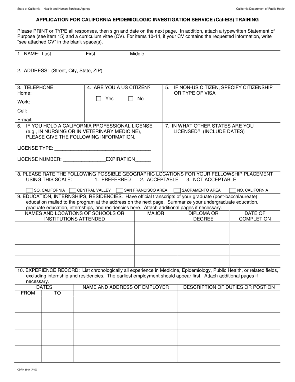 Form CDPH8564 Application for California Epidemiologic Investigation Service (Cal-Eis) Training - California, Page 1