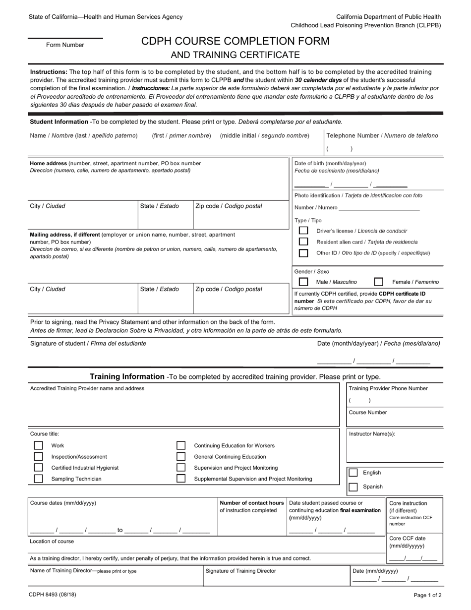 Form CDPH8493 Cdph Course Completion Form and Training Certificate - California, Page 1
