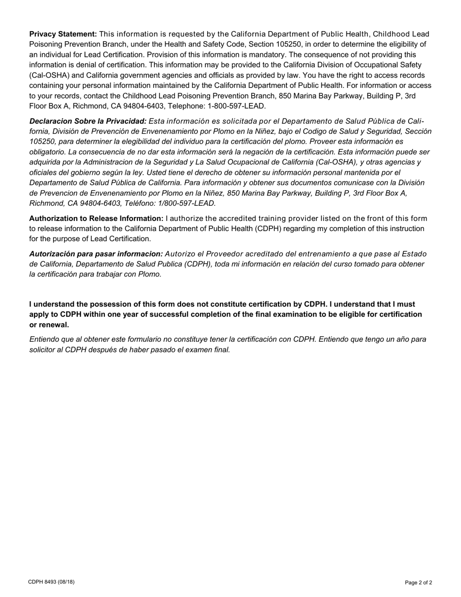 Form CDPH8493 Cdph Course Completion Form and Training Certificate - California, Page 2
