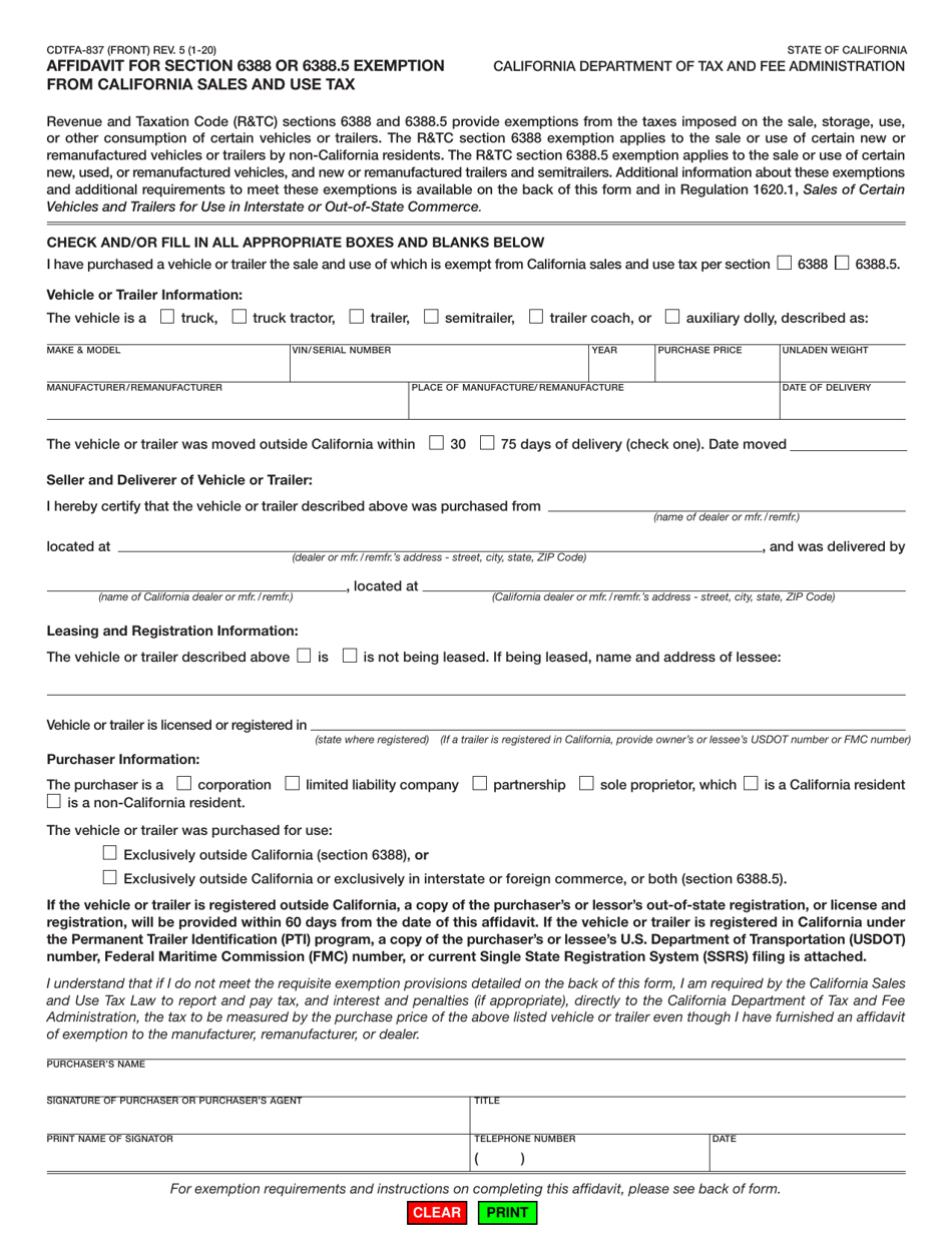 Form CDTFA-837 Download Fillable PDF or Fill Online Affidavit for ...