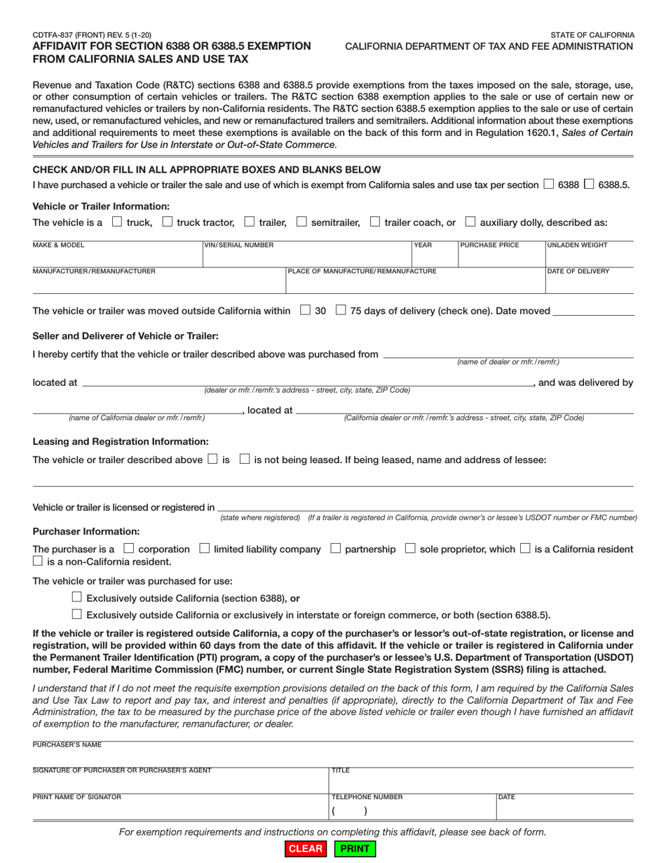 Form CDTFA-837 Affidavit for Section 6388 or 6388.5 Exemption From the California Sales and Use Tax - California, Page 1