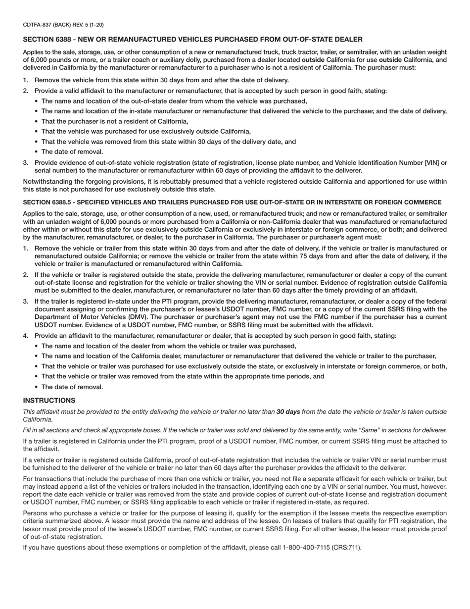 Form CDTFA-837 Affidavit for Section 6388 or 6388.5 Exemption From the California Sales and Use Tax - California, Page 2
