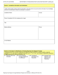 Form CalRecycle876 Reporting Year Disposal Tonnage Modification Request and Certification - California, Page 2