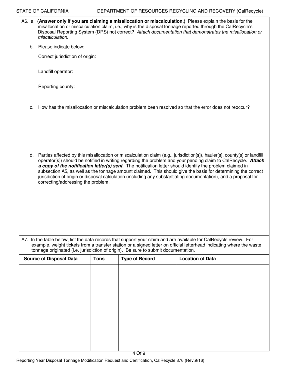 Form CalRecycle876 Reporting Year Disposal Tonnage Modification Request and Certification - California, Page 4