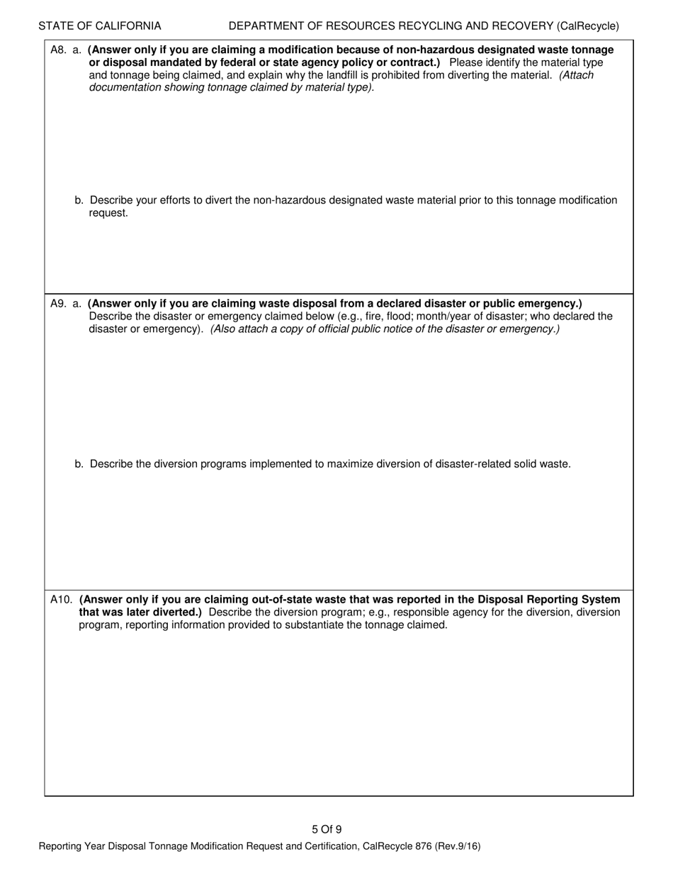 Form CalRecycle876 Reporting Year Disposal Tonnage Modification Request and Certification - California, Page 5