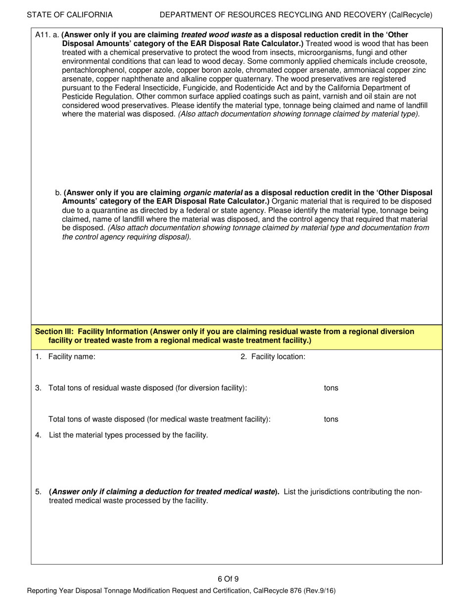 Form CalRecycle876 Reporting Year Disposal Tonnage Modification Request and Certification - California, Page 6