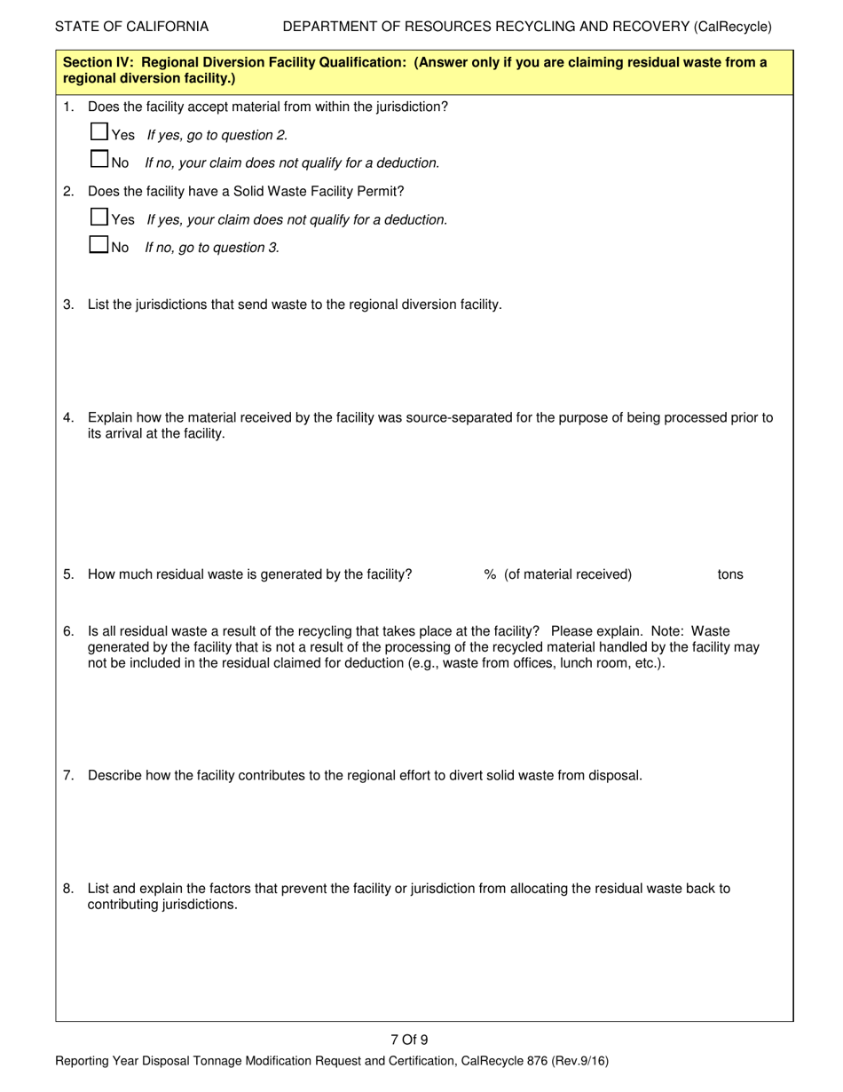 Form CalRecycle876 Reporting Year Disposal Tonnage Modification Request and Certification - California, Page 7