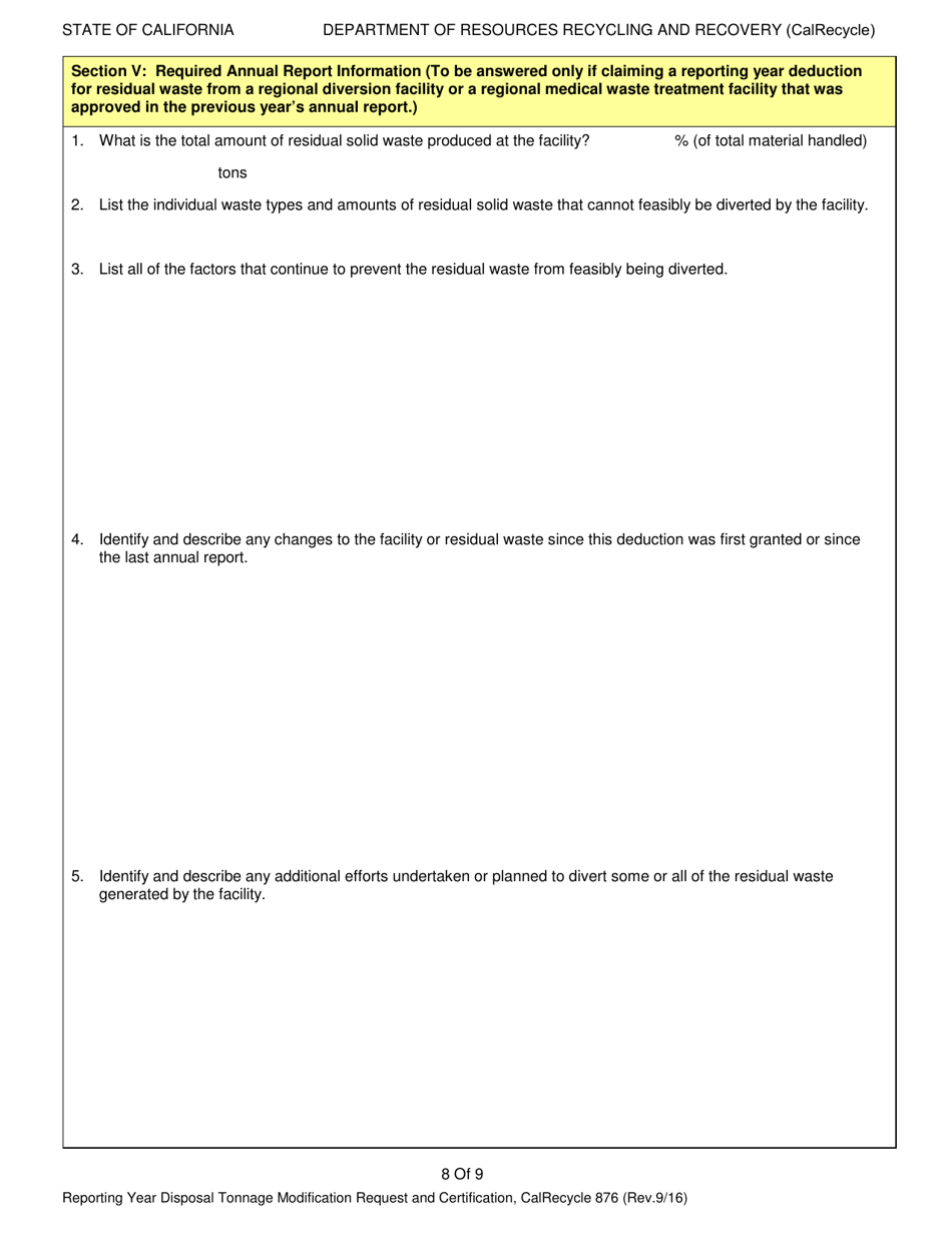 Form CalRecycle876 Reporting Year Disposal Tonnage Modification Request and Certification - California, Page 8