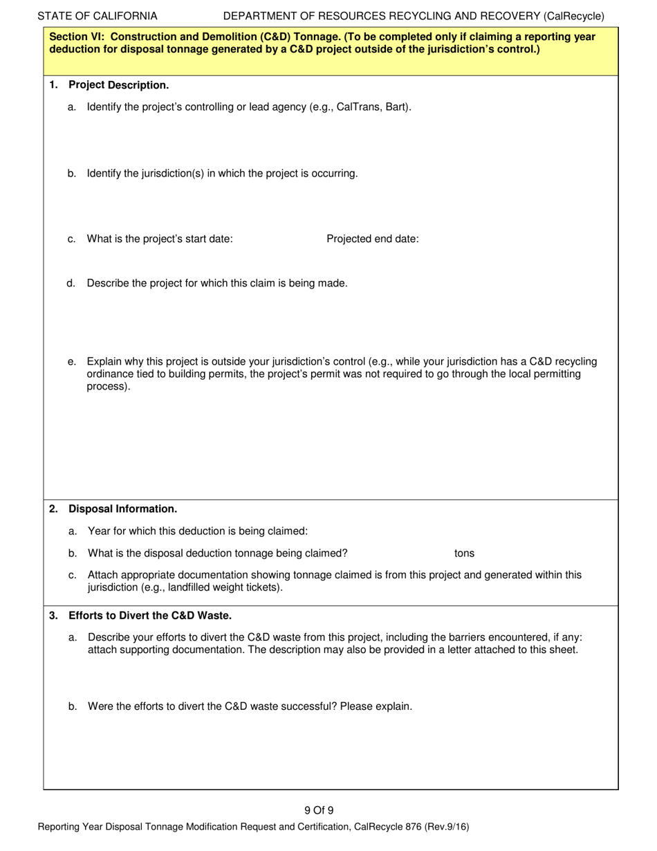 Form CalRecycle876 Reporting Year Disposal Tonnage Modification Request and Certification - California, Page 9