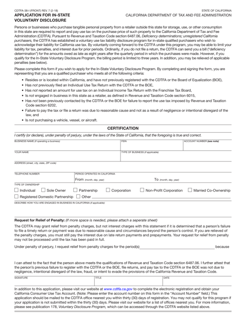 Form CDTFA-38-I Application for in-State Voluntary Disclosure - California