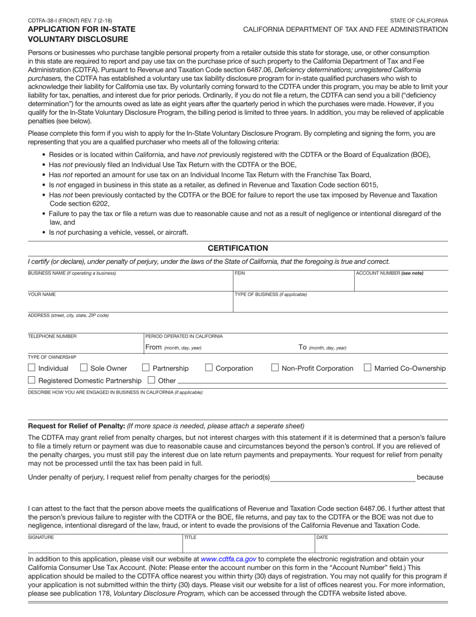 Form CDTFA-38-I Download Fillable PDF or Fill Online Application for in ...