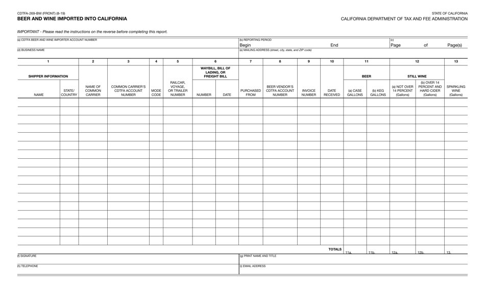 Form CDTFA-269-BW Beer and Wine Imported Into California - California, Page 1