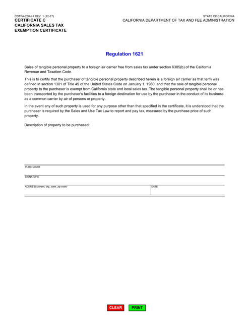 Form CDTFA-230-I-1 Certificate C  Printable Pdf
