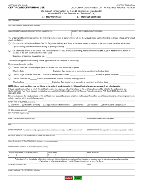 Form CDTFA-608 Certificate of Farming Use - California