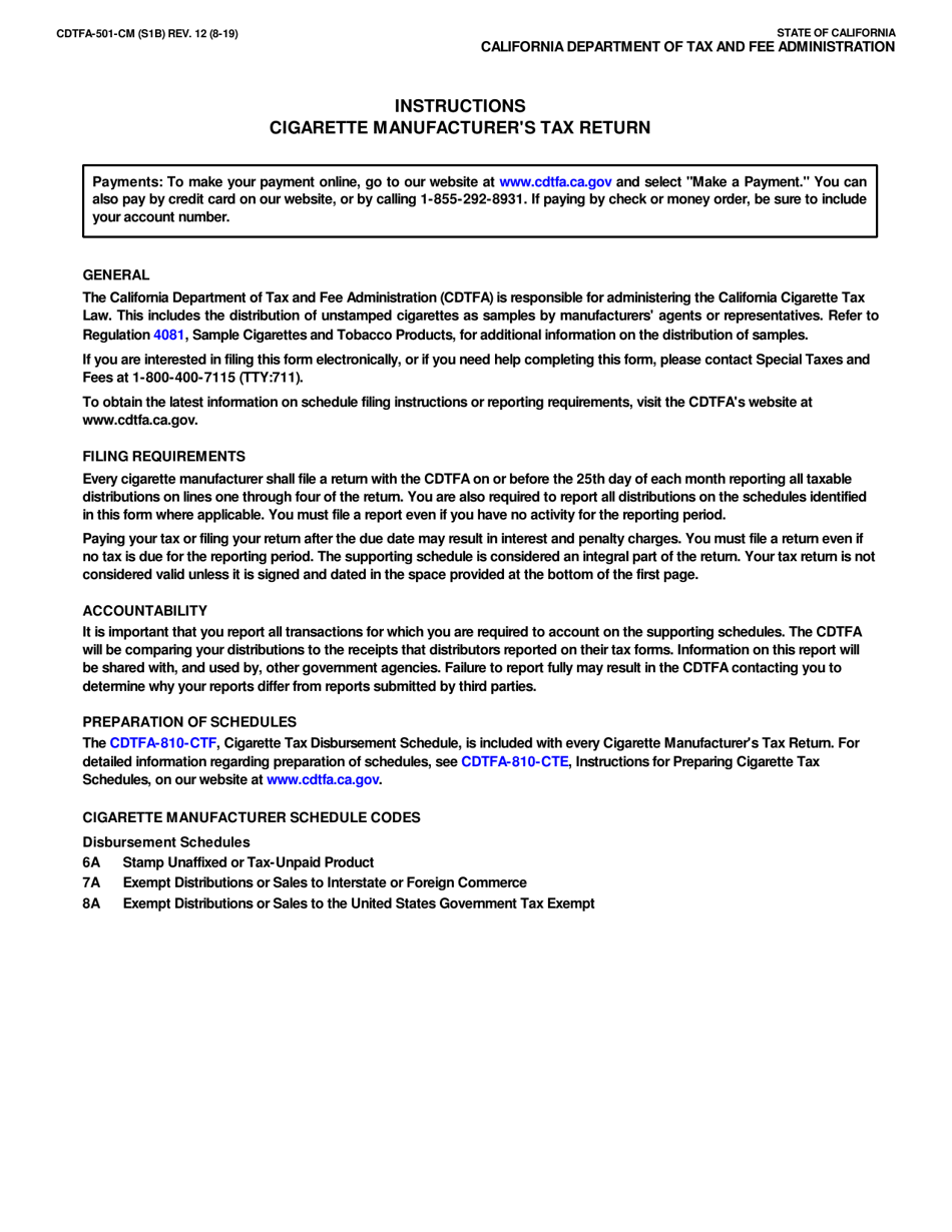 Form CDTFA-501-CM Cigarette Manufacturers Tax Return of Taxable Distributions in California - California, Page 2