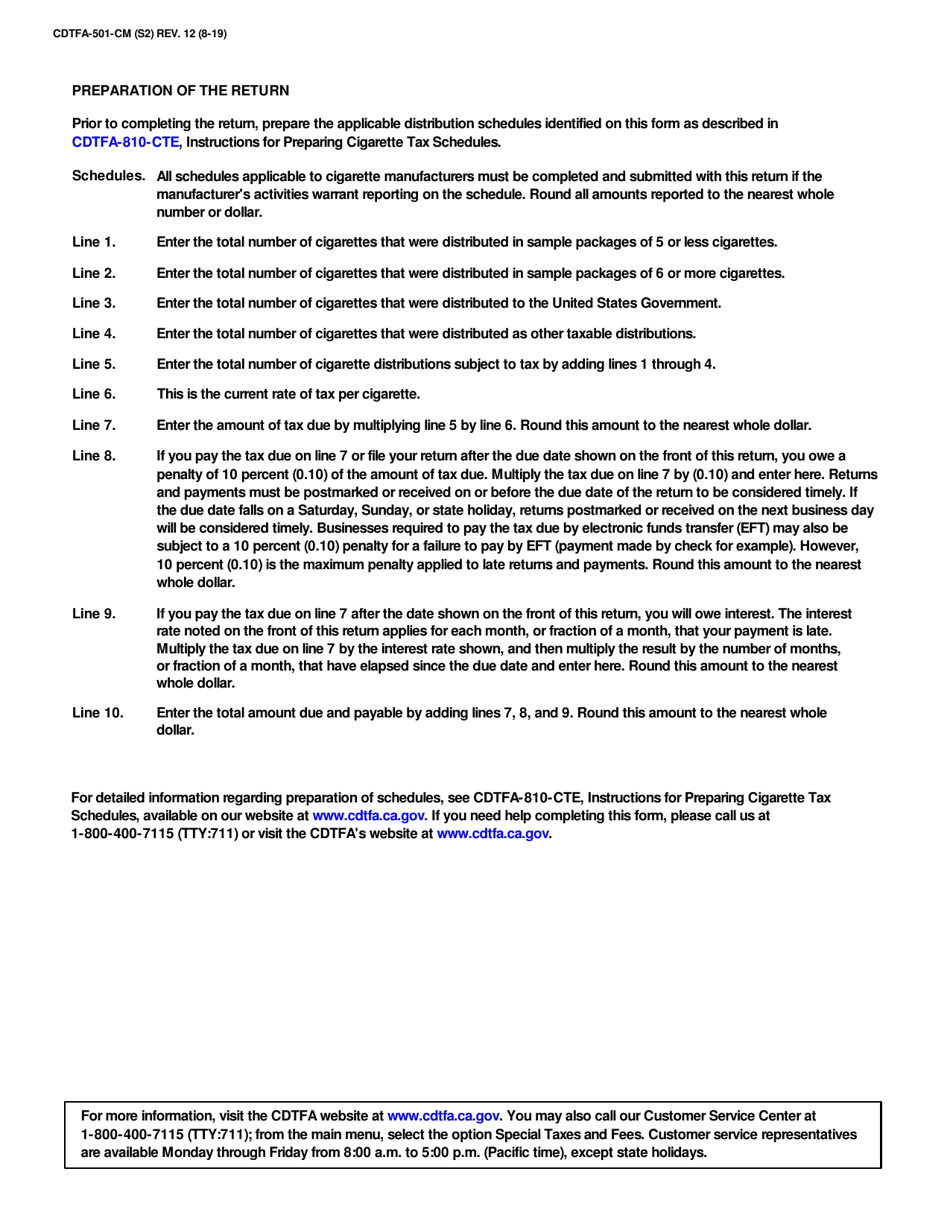 Form CDTFA-501-CM Cigarette Manufacturers Tax Return of Taxable Distributions in California - California, Page 3