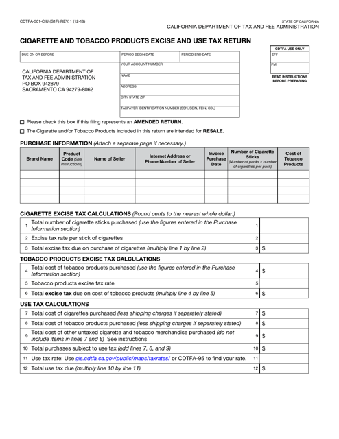 Form CDTFA-501-CIU Cigarette and Tobacco Products Excise and Use Tax Return - California