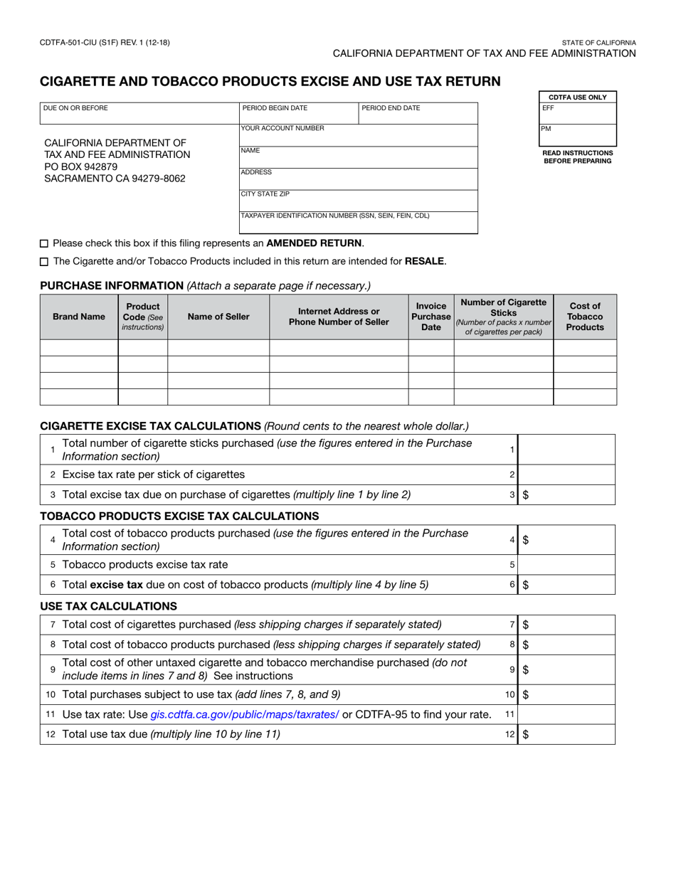 Form CDTFA-501-CIU Cigarette and Tobacco Products Excise and Use Tax Return - California, Page 1
