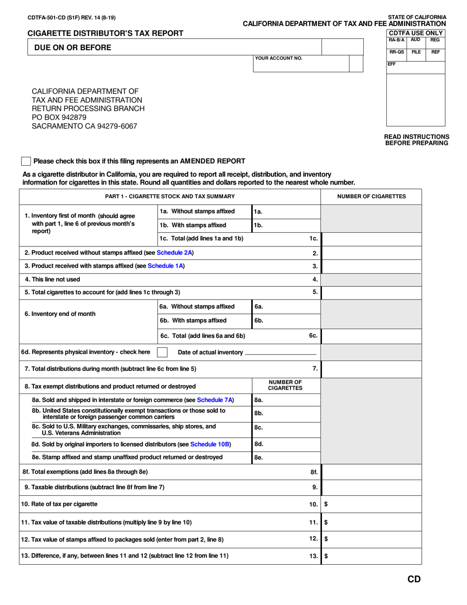 Form CDTFA-501-CD Cigarette Distributors Tax Report - California, Page 1