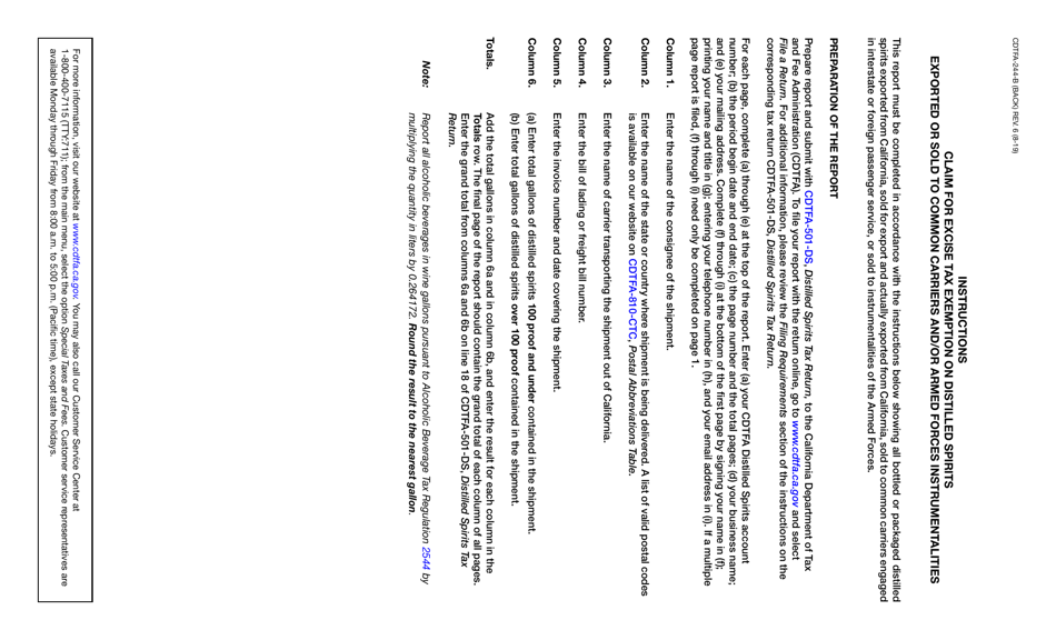 Form CDTFA-244-B Claim for Excise Tax Exemption on Distilled Spirits Exported or Sold to Common Carriers and Armed Forces Instrumentalities - California, Page 2