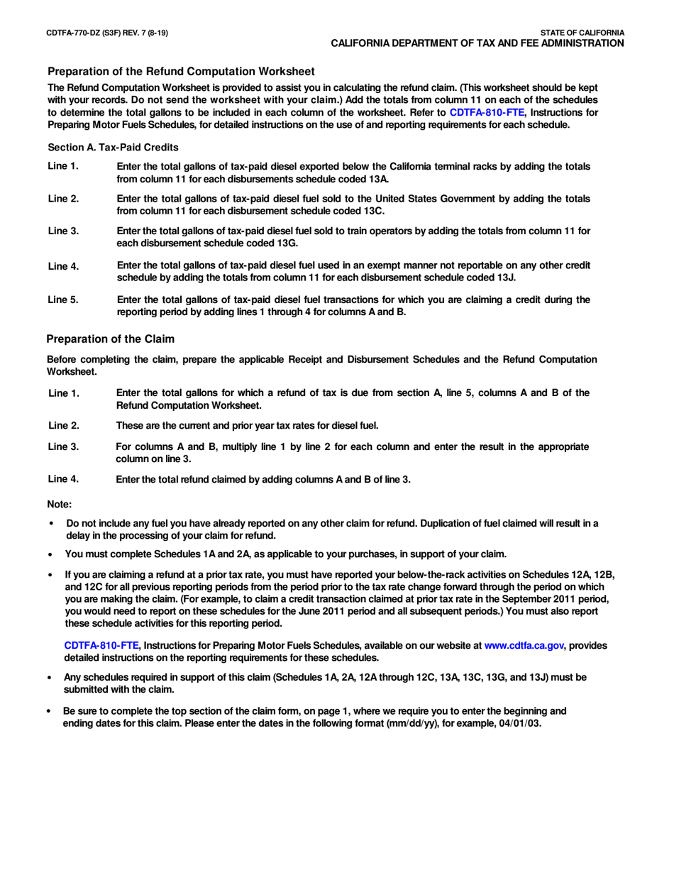 Form CDTFA-770-DZ Claim for Refund on Nontaxable Sales and Exports of Diesel Fuel - California, Page 5