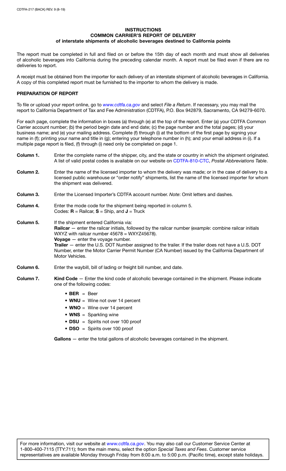Form CDTFA-217 Common Carriers Report of Delivery of Interstate Shipments of Alcoholic Beverages Destined to California Points - California, Page 2