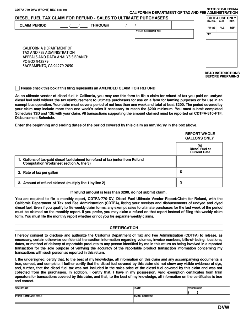 Form CDTFA-770-DVW Diesel Fuel Tax Claim for Refund  Sales to Ultimate Purchasers - California, Page 1