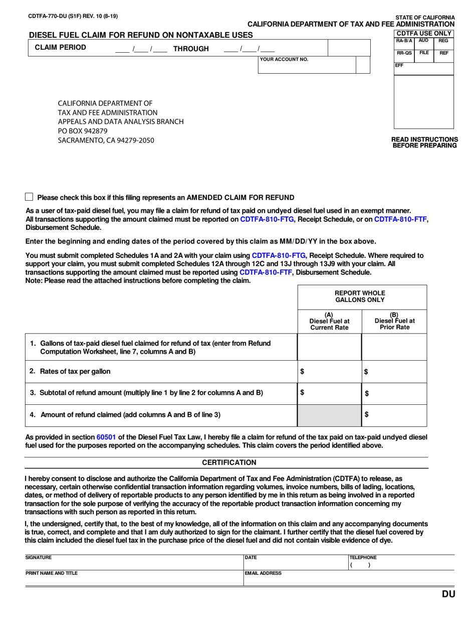 Form CDTFA-770-DU Diesel Fuel Claim for Refund on Nontaxable Uses - California, Page 1