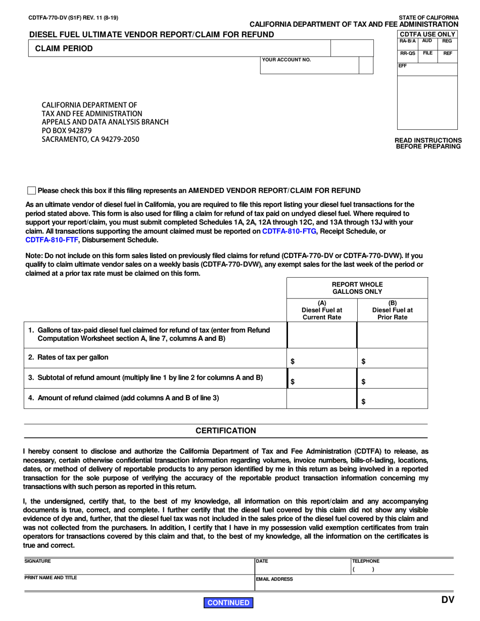 Form CDTFA-770-DV Diesel Fuel Ultimate Vendor Report / Claim for Refund - California, Page 1