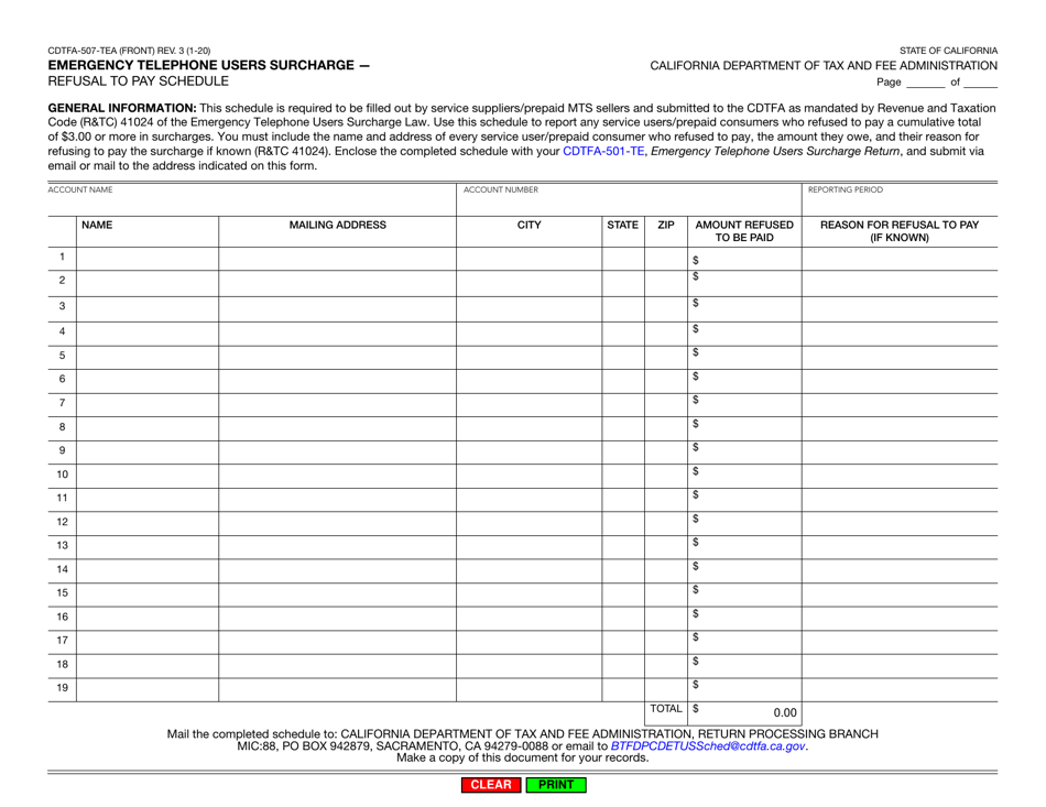 Form CDTFA-507-TEA Emergency Telephone Users Surcharge  Refusal to Pay Schedule - California, Page 1