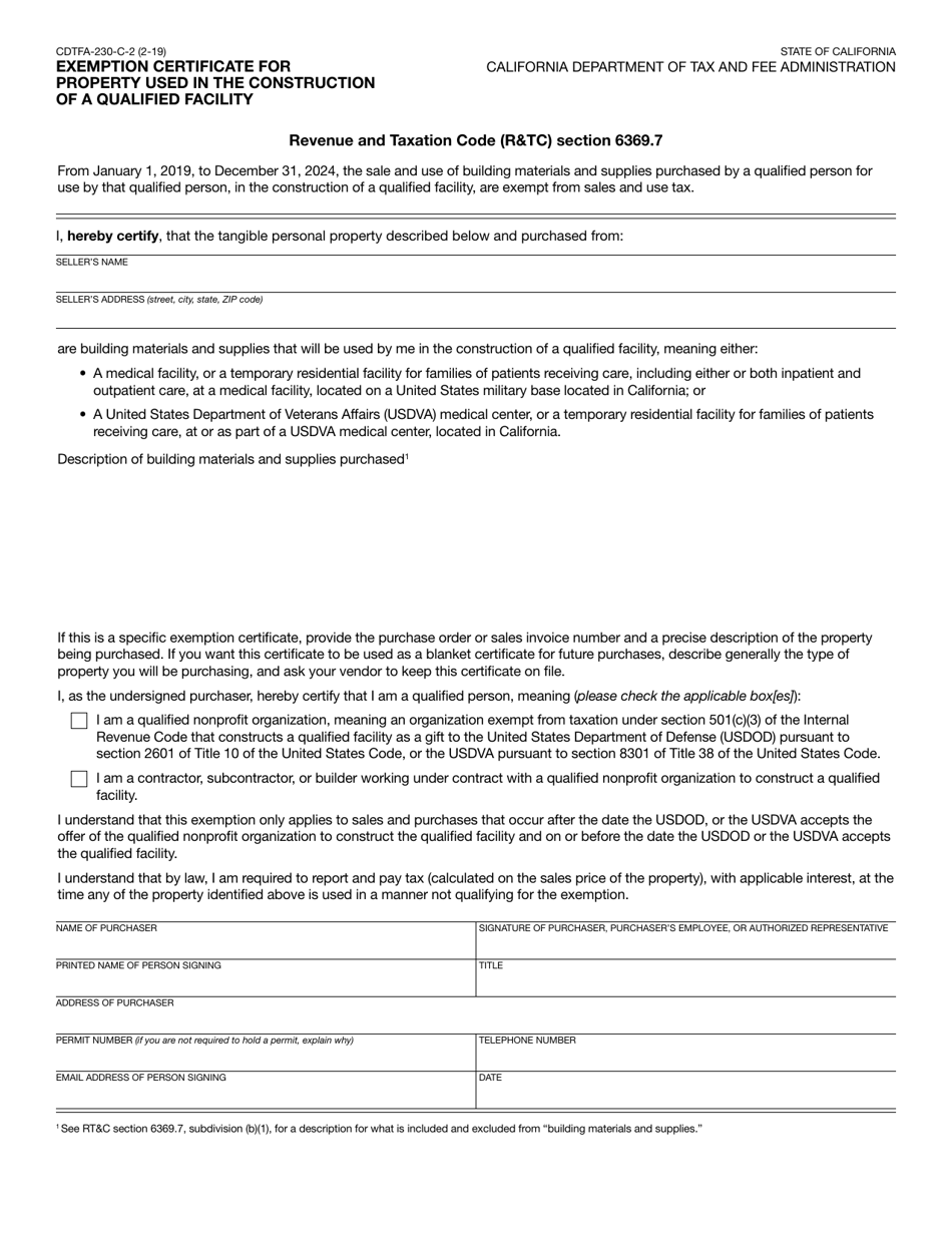 Form CDTFA-230-C-2 Exemption Certificate for Property Used in the Construction of a Qualified Facility - California, Page 1