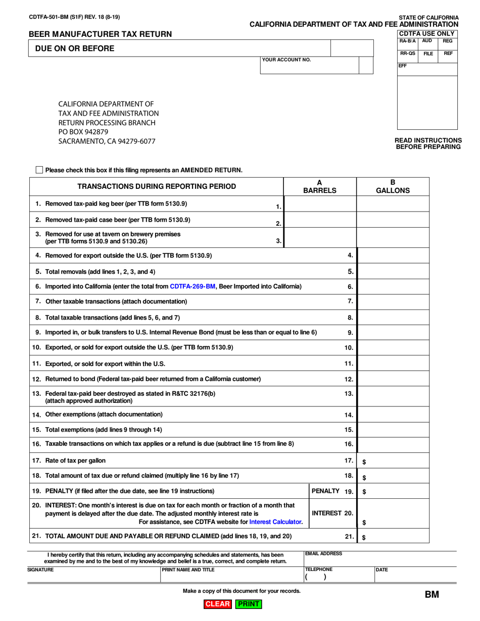 Form CDTFA-501-BM Beer Manufacturer Tax Return - California, Page 1