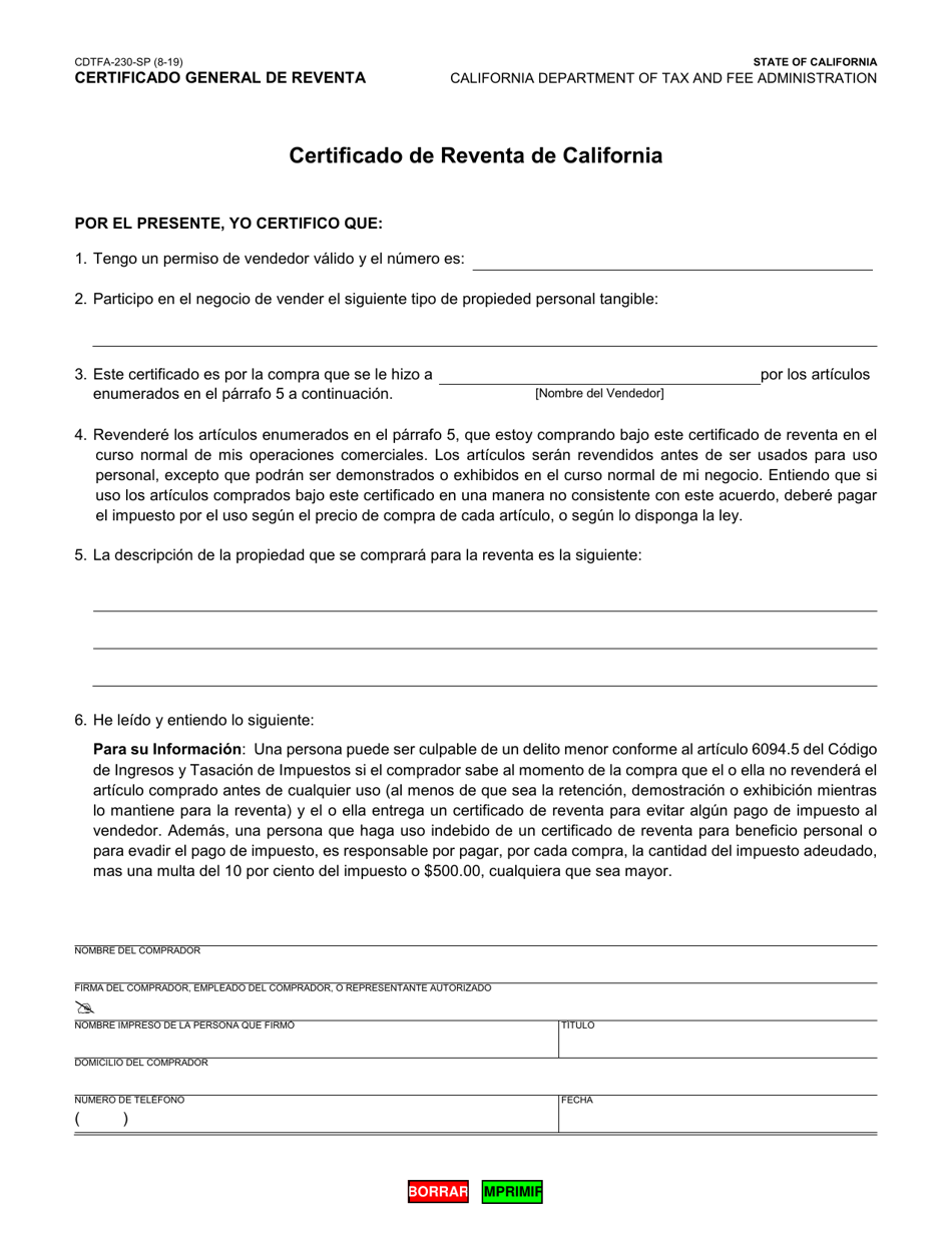 Formulario CDTFA-230-SP Certificado General De Reventa - California (Spanish), Page 1