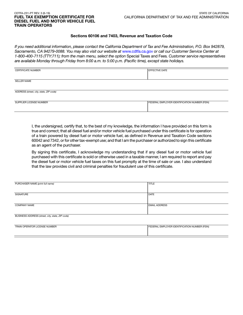 Form CDTFA-231-PT Fuel Tax Exemption Certificate for Diesel Fuel and Motor Vehicle Fuel Train Operator - California, Page 1