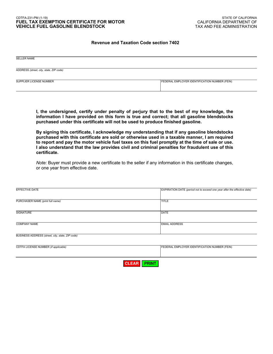 Form CDTFA-231-PM Fuel Tax Exemption Certificate for Motor Vehicle Fuel Gasoline Blendstock - California, Page 1