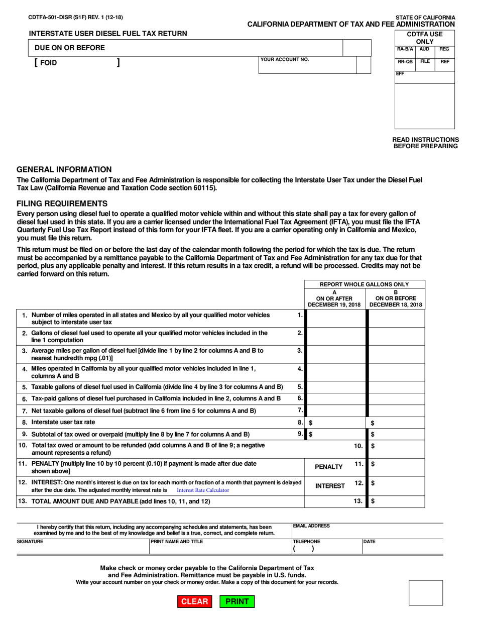 Form CDTFA-501-DISR Interstate User Diesel Fuel Tax Return (Split Rate) - California, Page 1