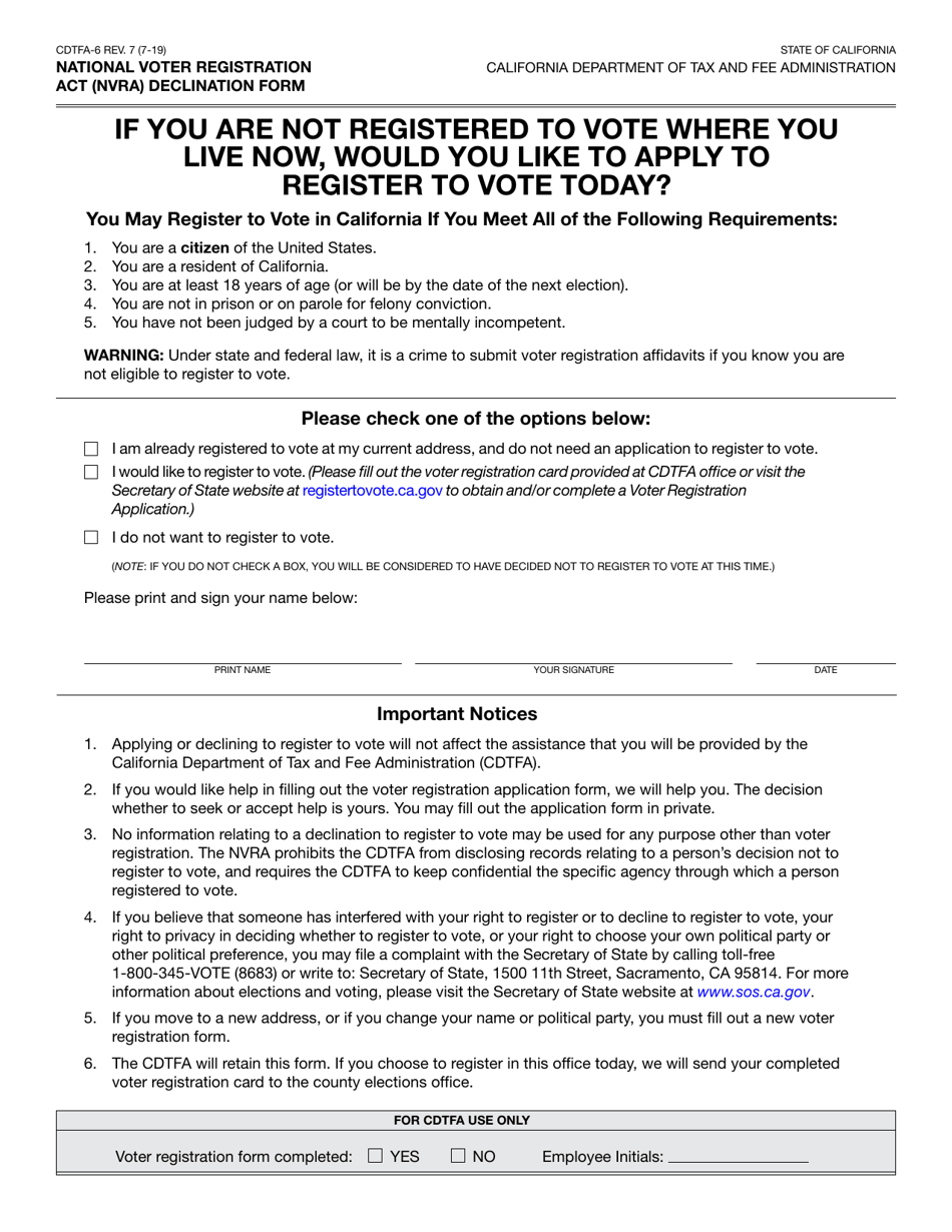Form CDTFA-6 National Voter Registration Act (Nvra) Declination Form - California, Page 1