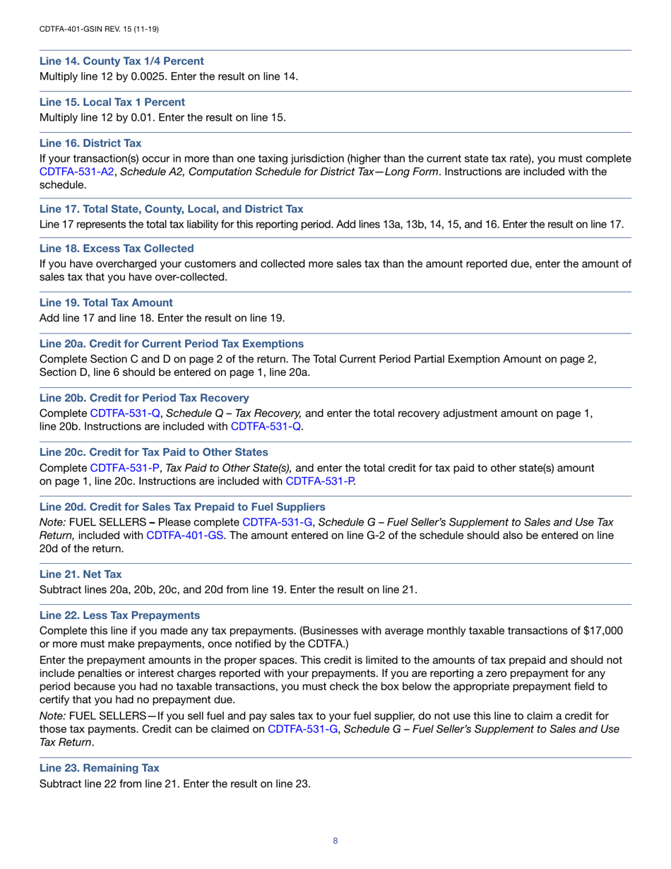 Instructions for Form CDTFA-401-GS State, Local, and District Sales and Use Tax Return - California, Page 8