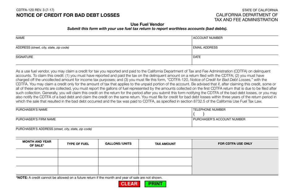 Form CDTFA-120 Notice of Credit for Bad Debt Losses - California, Page 1