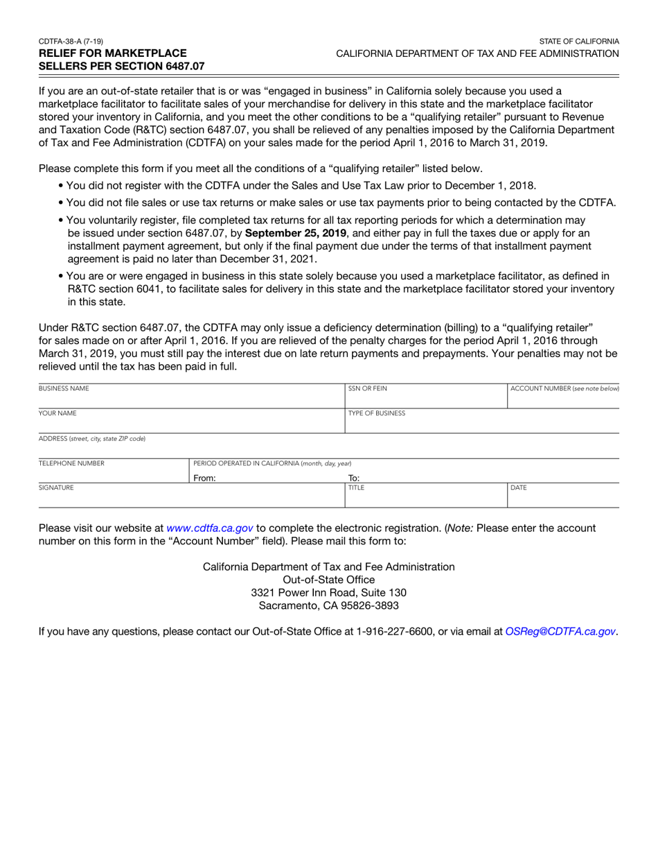 Form CDTFA-38-A Relief for Marketplace Sellers Per Section 6487.07 - California, Page 1