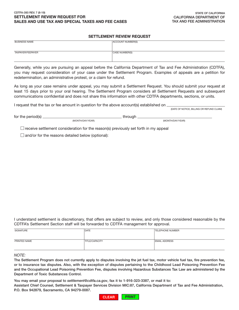 Form CDTFA-393 Settlement Review Request - California, Page 1
