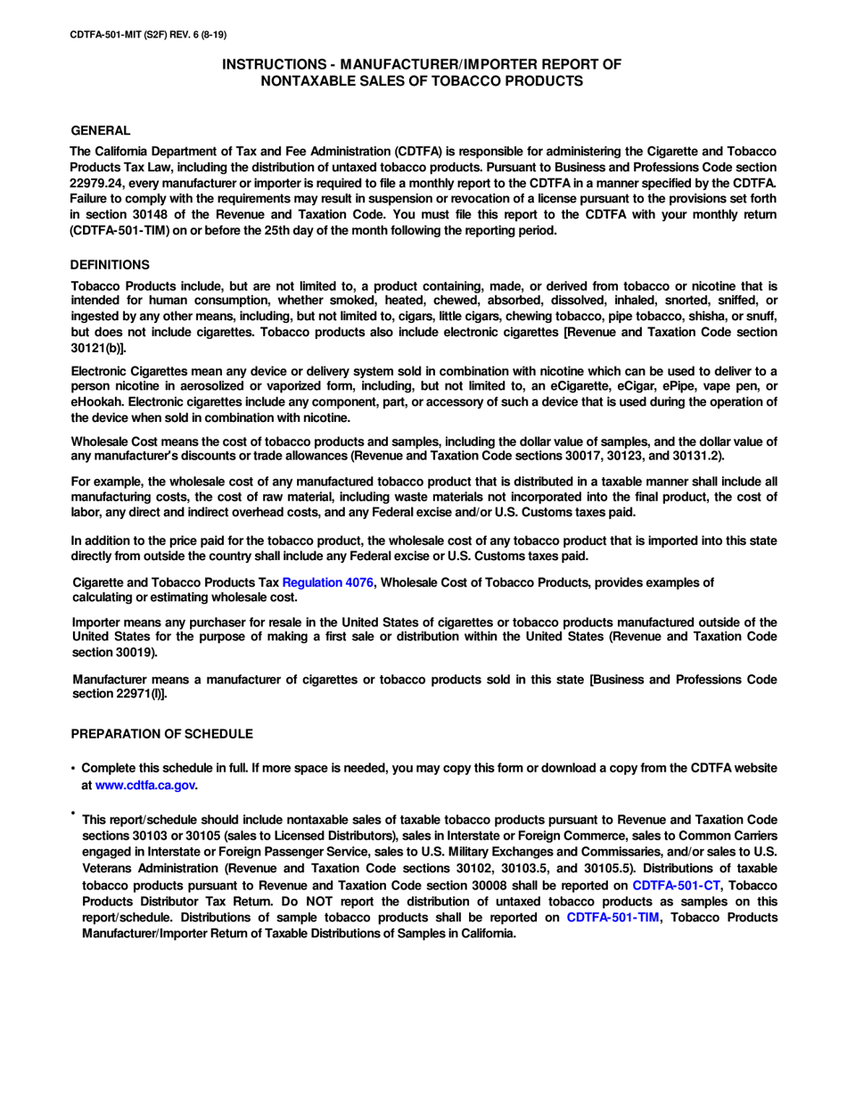 Form CDTFA-501-MIT Manufacturer / Importer Report of Nontaxable Sales of Tobacco Products - California, Page 3