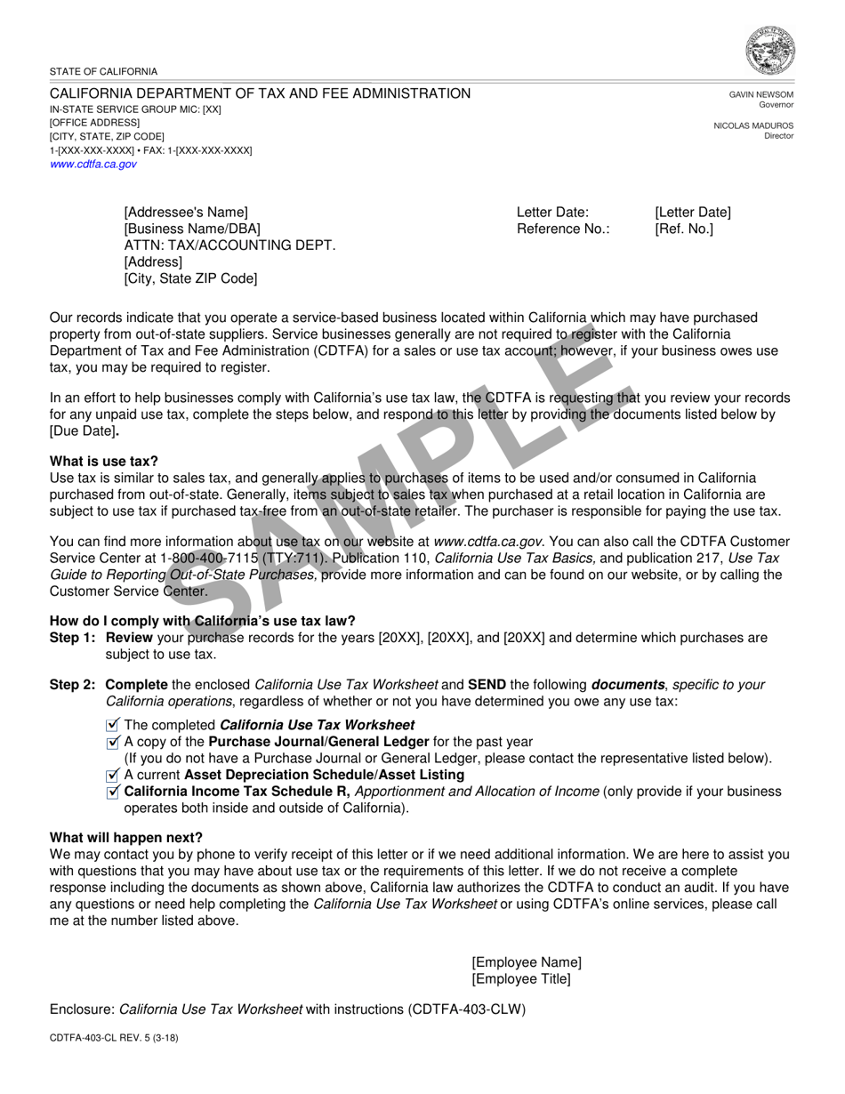 Sample Form CDTFA-403-CL Tax-Gap in-State Service Contact Letter - California, Page 1
