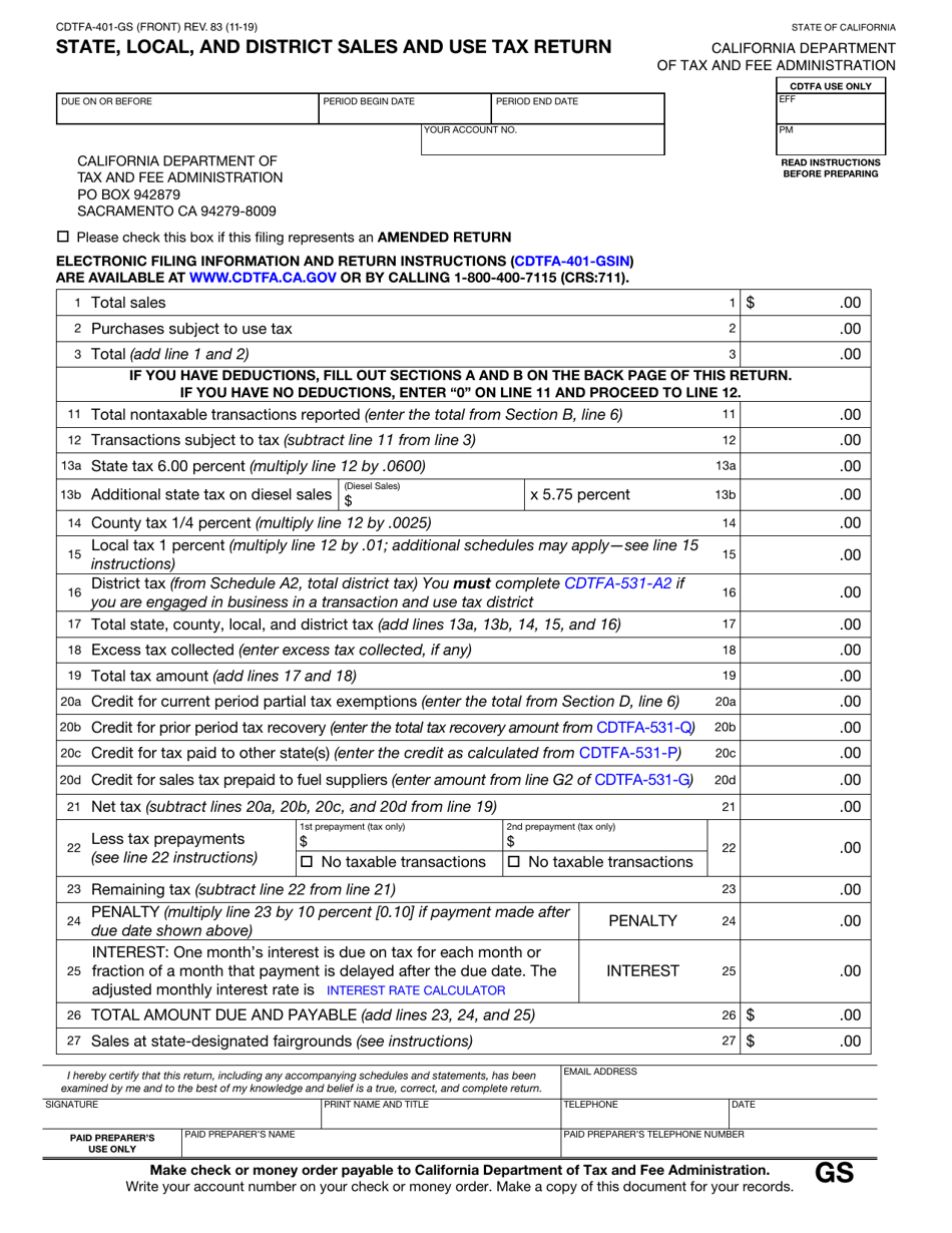 Form CDTFA-401-GS State, Local, and District Sales and Use Tax Return - California, Page 1