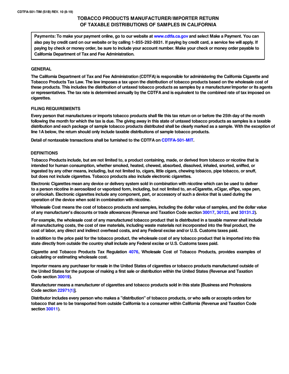 Form CDTFA-501-TIM Tobacco Products Manufacturer / Importer Return of Taxable Distributions of Samples in California - California, Page 2