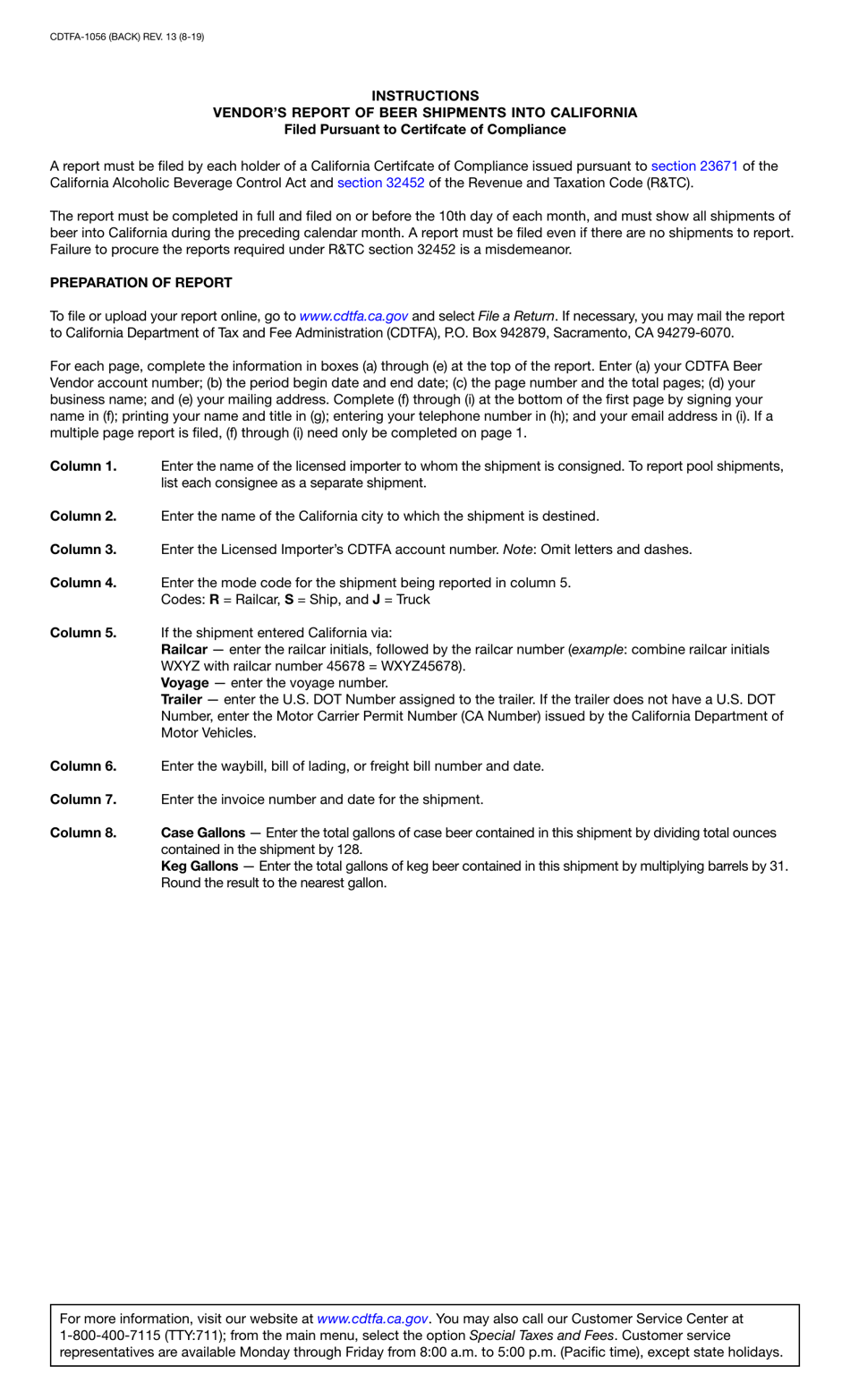 Form CDTFA-1056 Vendors Report of Beer Shipments Into California - California, Page 2