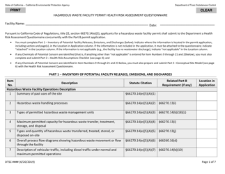 Document preview: Hazardous Waste Facility Permit Health Risk Assessment Questionnaire - California