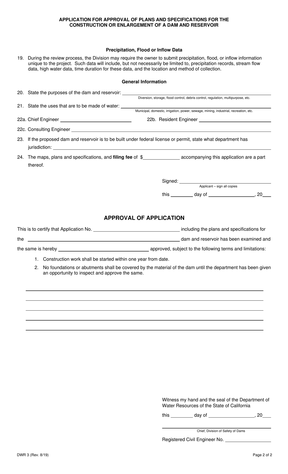 Form DWR3 Application for Approval of Plans and Specifications for the Construction or Enlargement of a Dam and Reservoir - California, Page 2