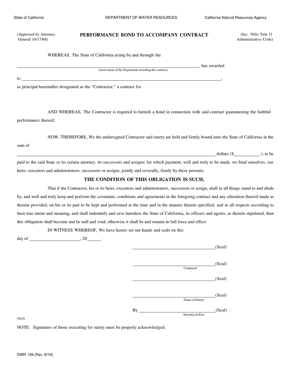 Form DWR156 Performance Bond to Accompany Contract - California, Page 1