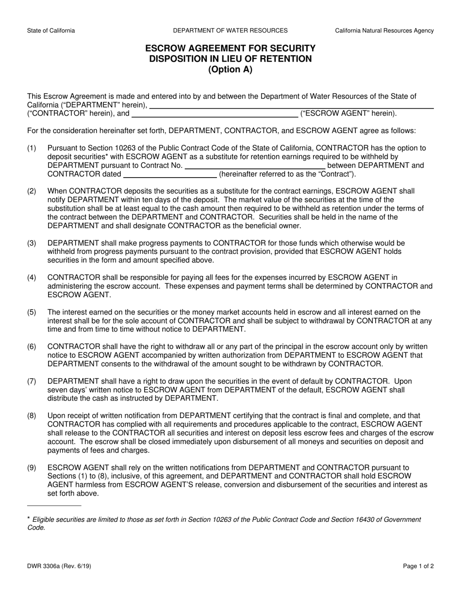 Form DWR3306A Escrow Agreement for Security Disposition in Lieu of Retention (Option a) - California, Page 1